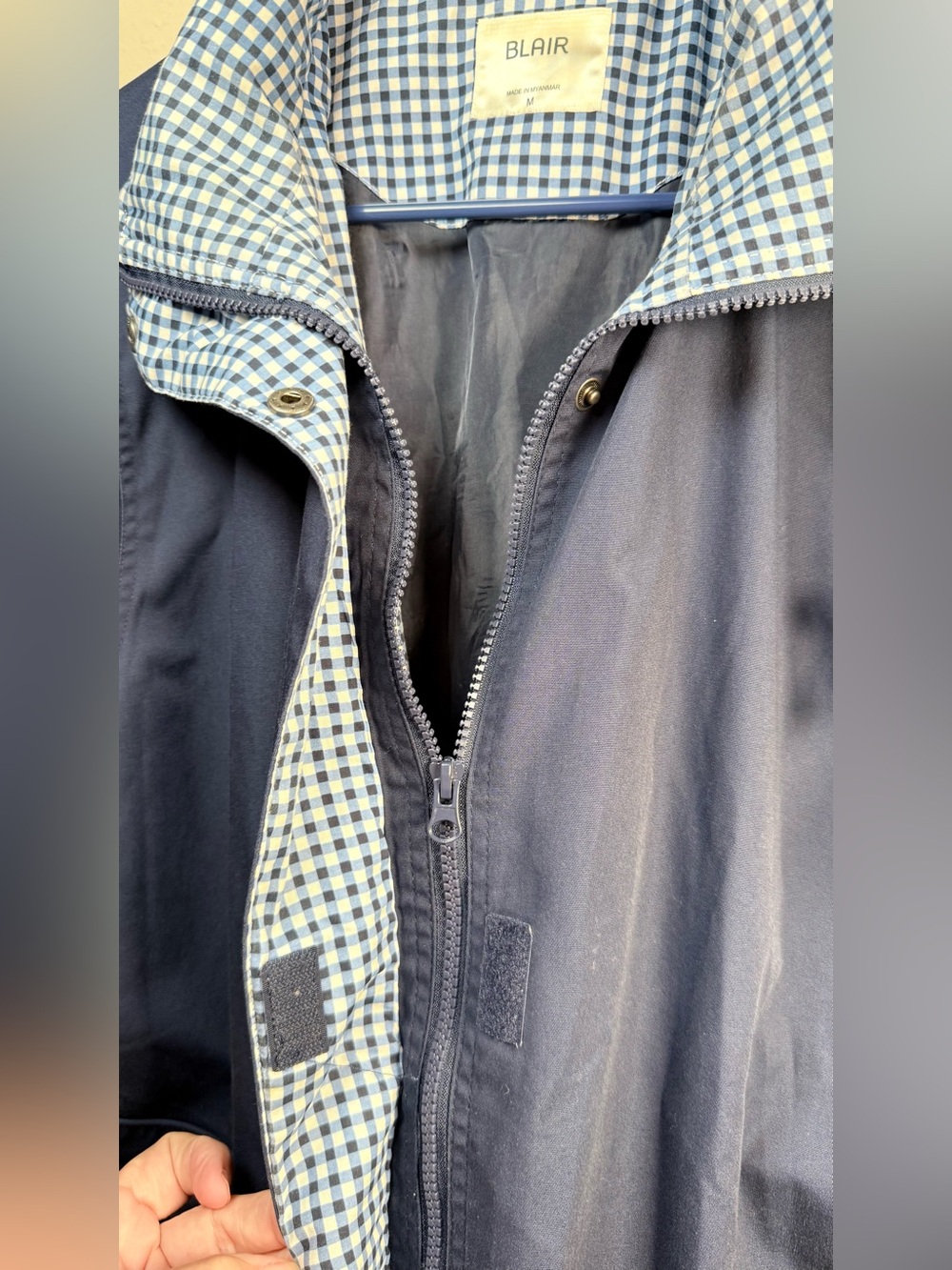 Blair Navy Blue Hooded Utility Rain Jacket Gingham Trim Coat - Picture 6 of 11